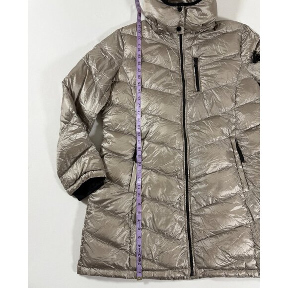 Y2K Andrew Marc XXL Metallic Hooded Down Puffer Coat 650 Fill Taupe Minimalist - Picture 13 of 14